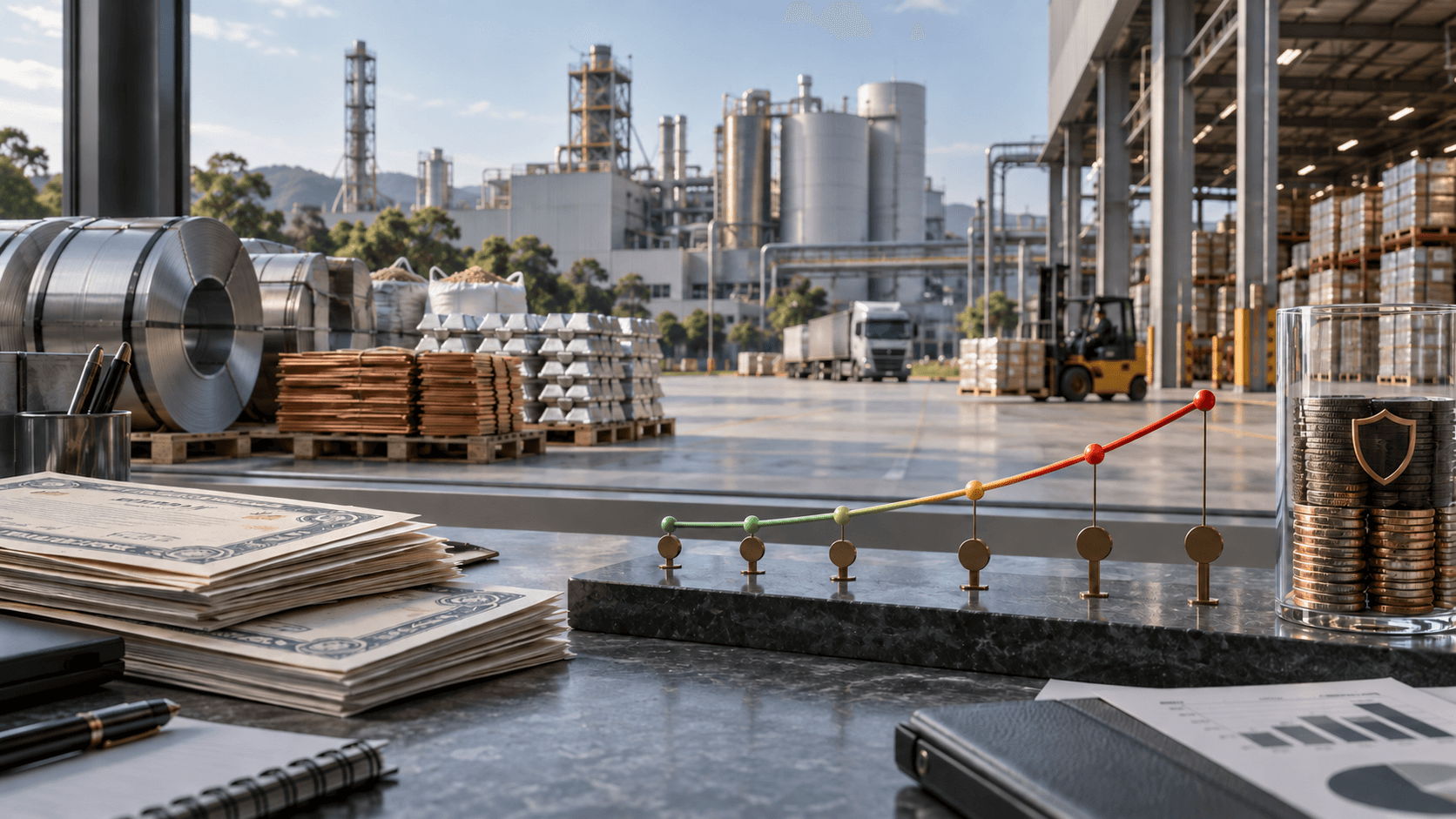 Instalação industrial com matérias-primas e uma representação física da curva de juros.