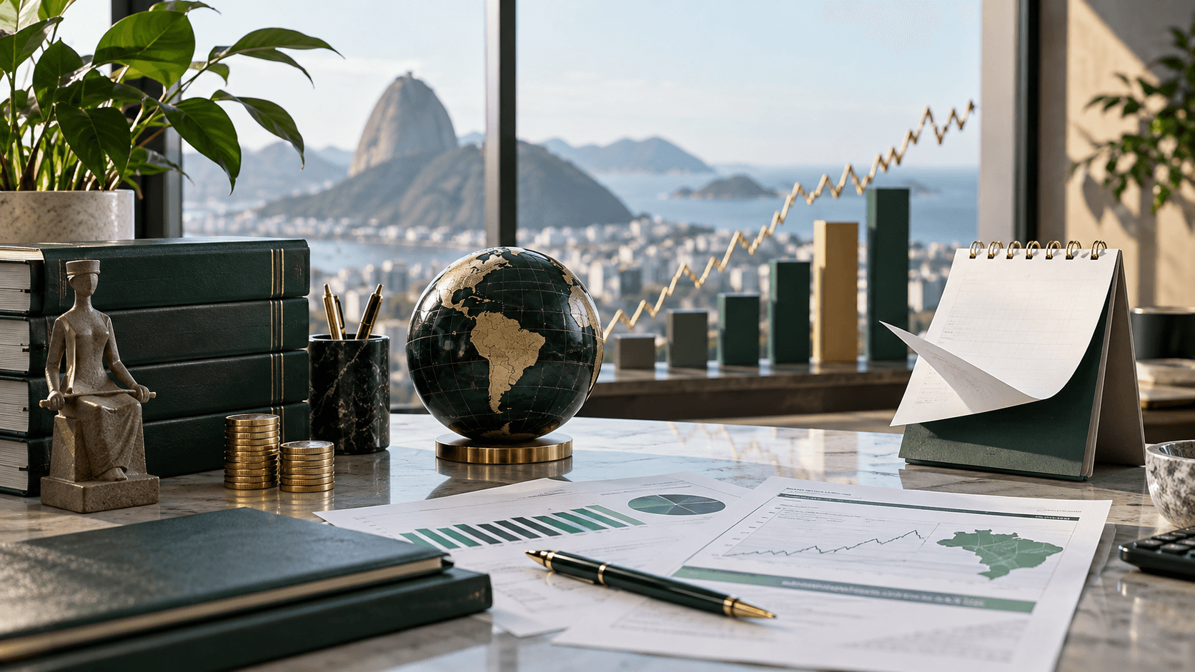 Mesa de análise financeira com documentos de fundos, calendário e gráfico de índice ao fundo.