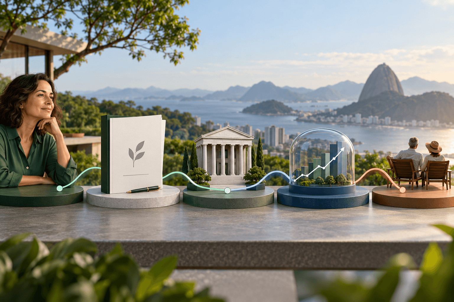 Participante, contrato, instituição, carteira de investimentos e aposentadoria aparecem em etapas conectadas.