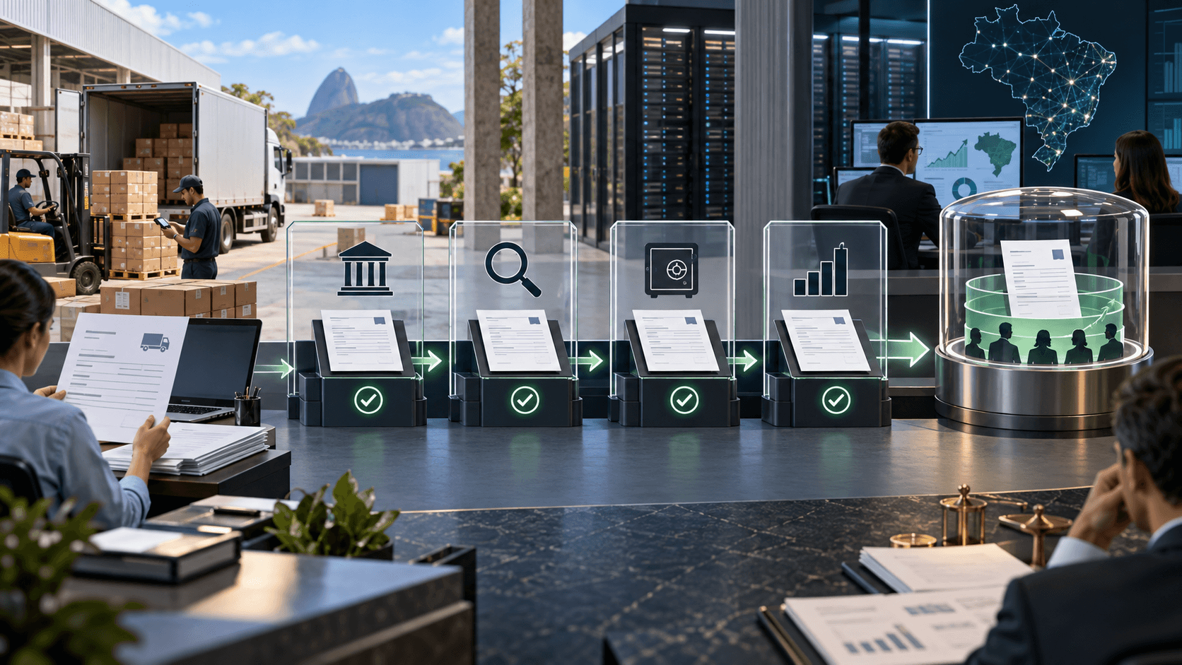 Cadeia de fornecedores enviando documentos eletrônicos por etapas de verificação até um fundo de recebíveis.