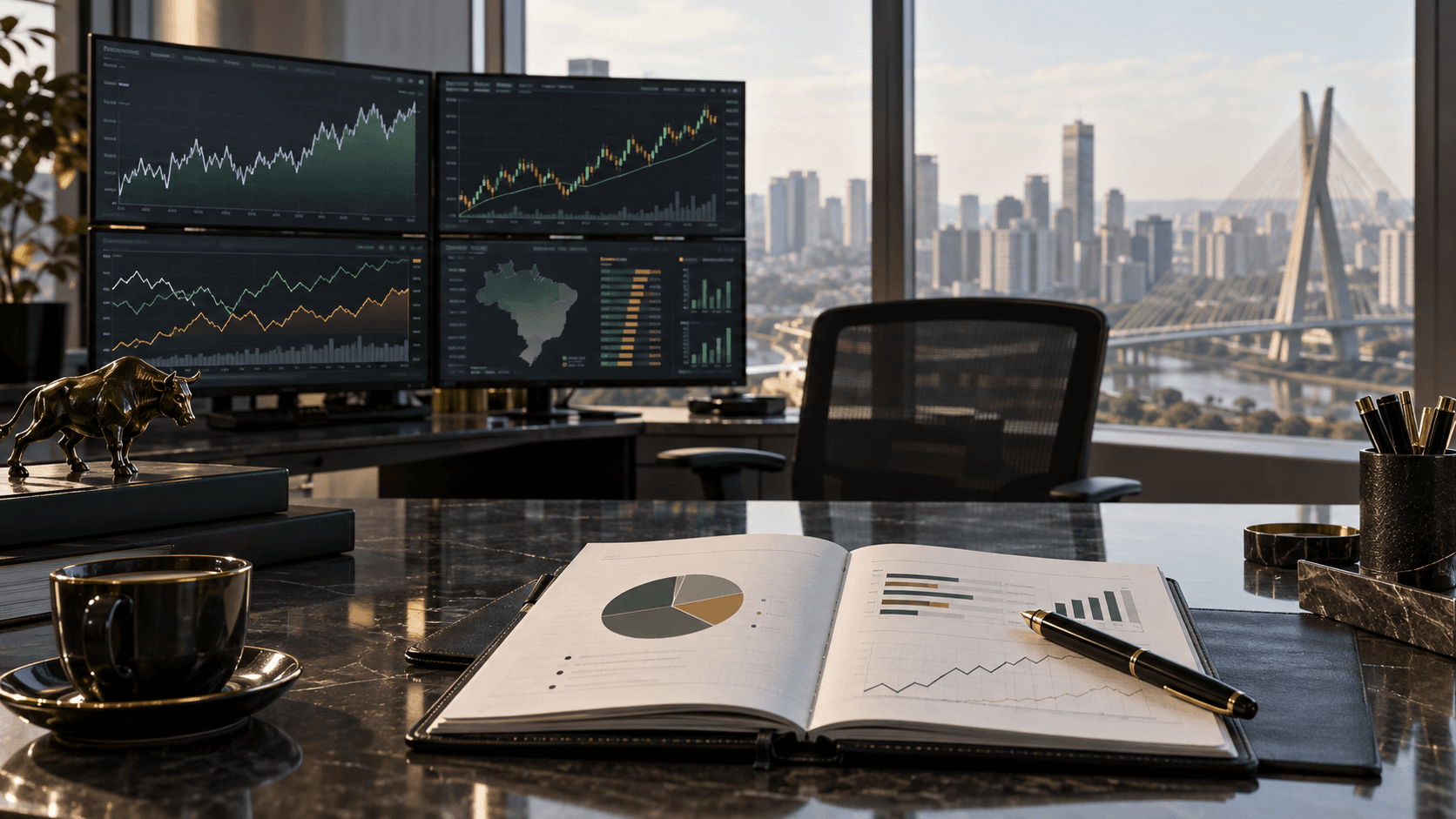Mesa de análise de investimentos com gráficos de ações, juros e moedas diante da cidade de São Paulo.