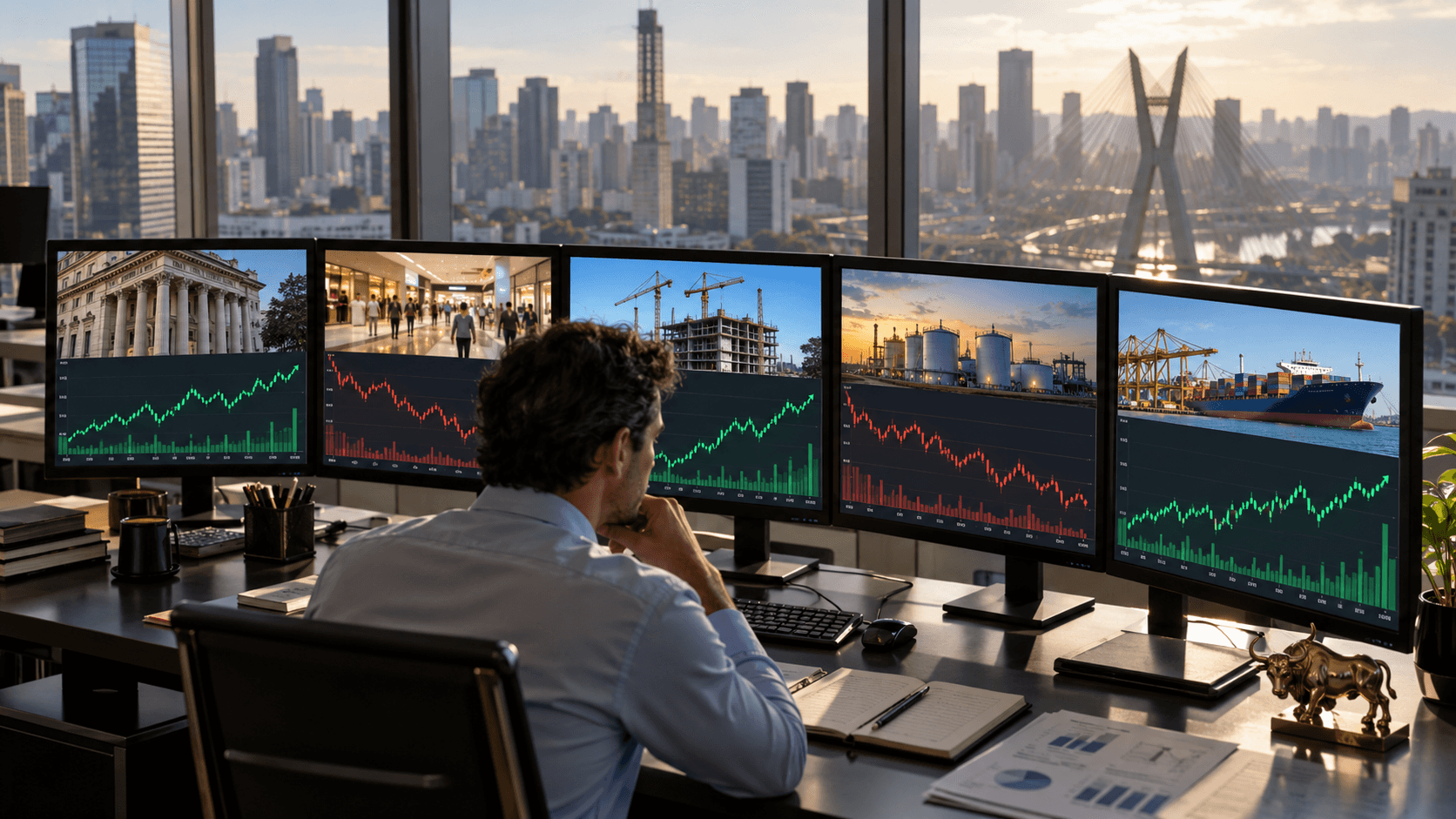 Analista observa gráficos divergentes de bancos, varejo, construção e exportadoras brasileiras.