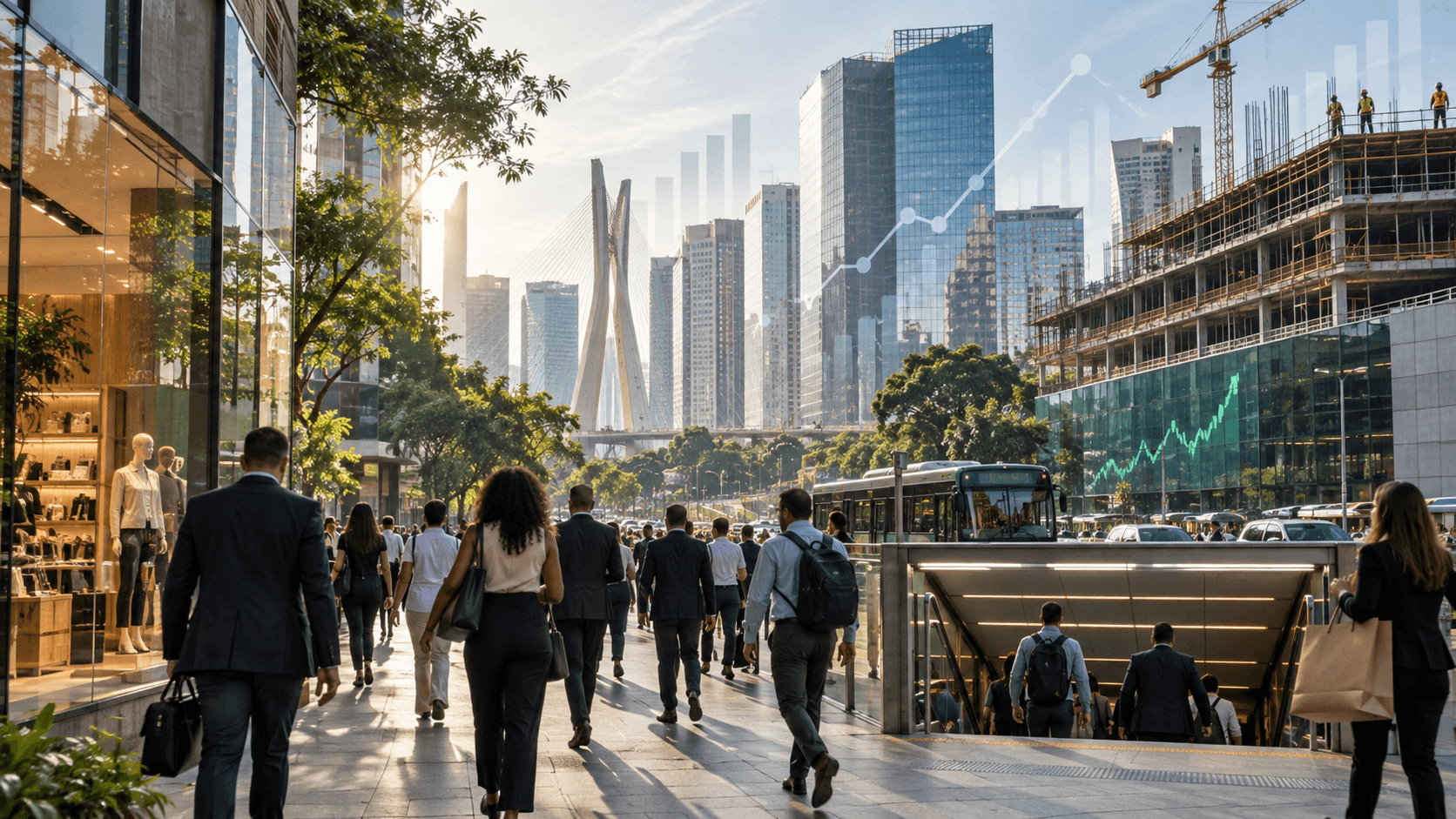 Trabalhadores em um centro empresarial brasileiro com comércio, transporte e construção ao fundo.