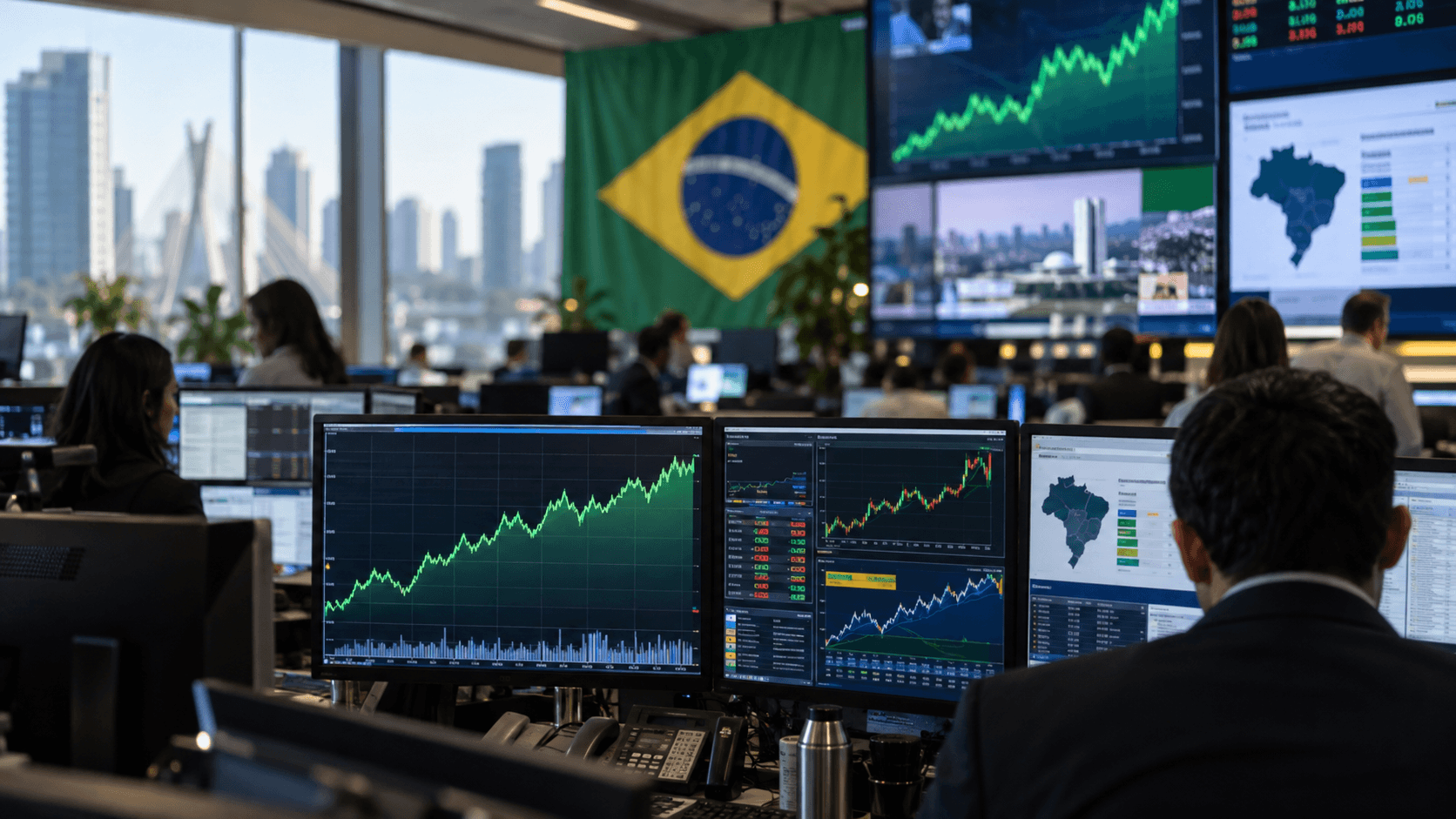 Sala de mercado brasileira com gráficos de bolsa, câmbio e juros após a divulgação do resultado eleitoral.