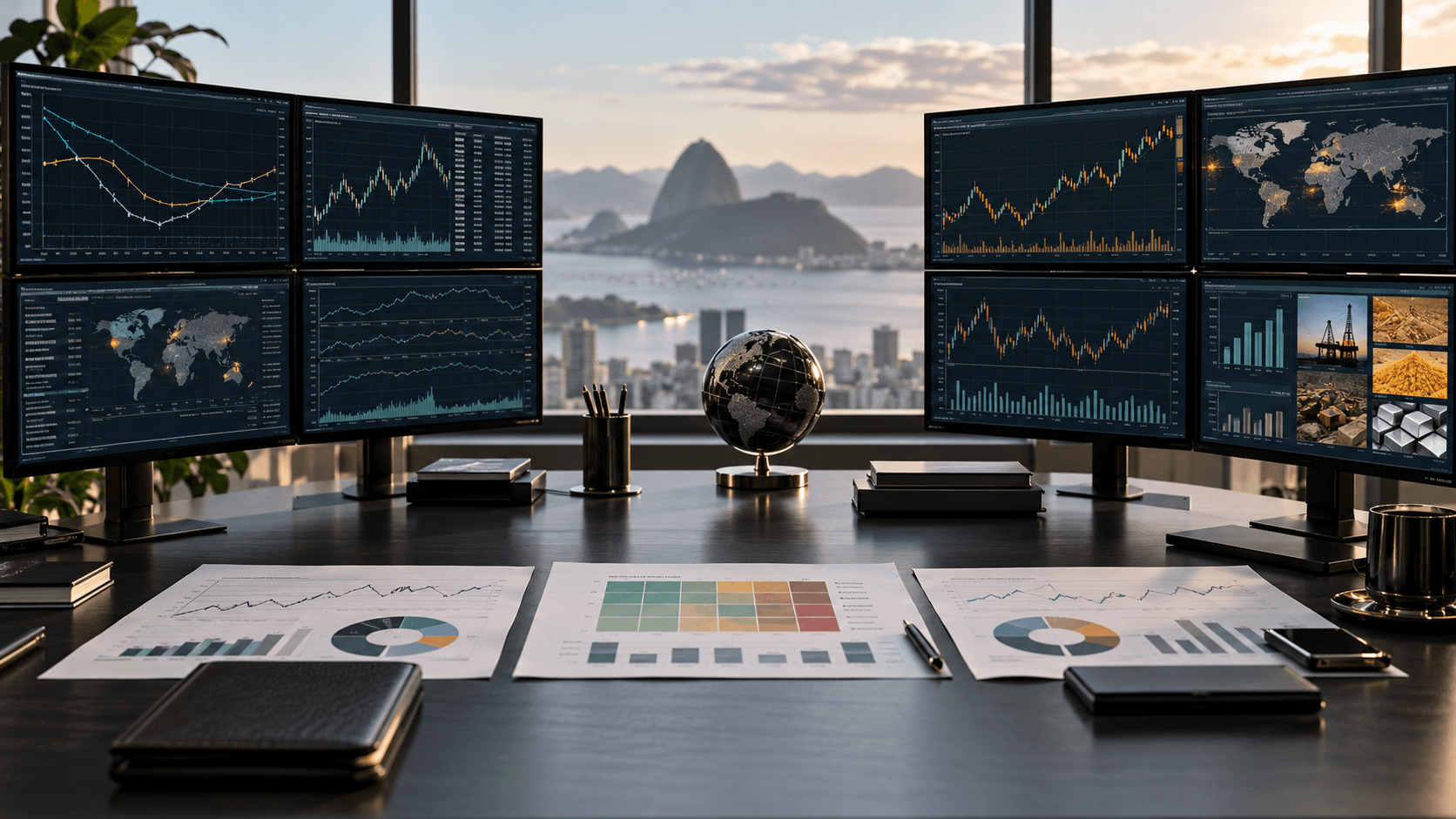 Mesa de pesquisa com dois conjuntos de gráficos globais usados para comparar estratégias multimercado.
